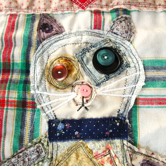 Upcycled Flannel Shirt with Patchwork Cat Design Handmade Boho Grunge Plaid - Picture 10 of 16